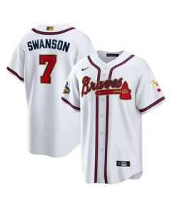 Men's Atlanta Braves#7 Dansby Swanson 2022 White/Gold World Series Champions Program Cool Base Stitched Baseball Jersey (White Gold)