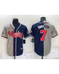 Men's Atlanta Braves #7 Dansby Swanson Gray Navy Two Tone Split Cool Base Stitched Baseball Jersey