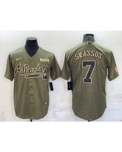 Men's Atlanta Braves #7 Dansby Swanson Green Salute To Service Cool Base Stitched Jersey