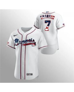 Men's Atlanta Braves #7 Dansby Swanson White 2020 Stars & Stripes Flex Base Stitched Jersey