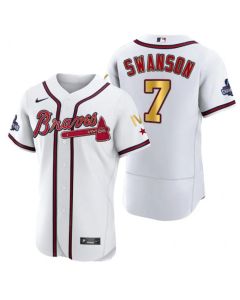 Men's Atlanta Braves #7 Dansby Swanson White Gold World Series Champions Flex Base Stitched Jersey