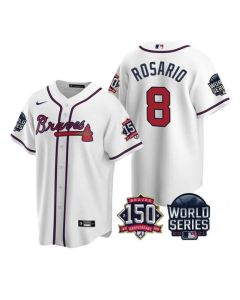 Men's Atlanta Braves #8 Eddie Rosario 2021 White World Series With 150th Anniversary Patch Cool Base Stitched Jersey