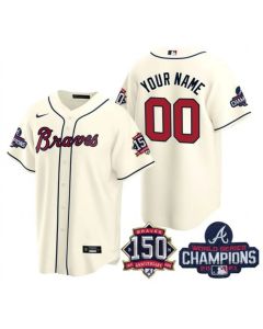Men's Atlanta Braves ACTIVE Player Custom 2021 Cream World Series Champions With 150th Anniversary Cool Base Stitched Jersey