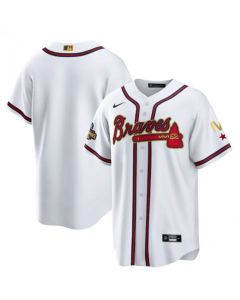Men's Atlanta Braves Blank 2022 White/Gold World Series Champions Program Cool Base Stitched Baseball Jersey (White Gold)