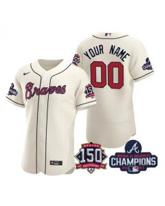 Men's Atlanta Braves Customized 2021 Cream World Series Champions With 150th Anniversary Flex Base Stitched Jersey