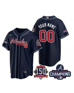 Men's Atlanta Braves Customized 2021 Navy World Series Champions With 150th Anniversary Cool Base Stitched Jersey