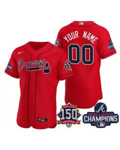 Men's Atlanta Braves Red ACTIVE PLAYER Custom 2021 World Series Champions With 150th Anniversary Flex Base Stitched Jersey