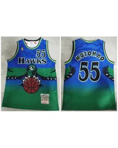 Men's Atlanta Hawks #55 Dikembe Mutombo Blue and Green 1996-97 Throwback Swingman Stitched Jersey