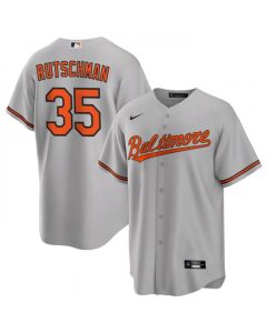 Men's Baltimore Orioles #35 Adley Rutschman Grey Cool Base Stitched Jersey