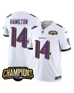 Men's Baltimore Ravens #14 Kyle Hamilton White 2023 F.U.S.E. AFC North Champions Vapor Limited Football Jersey