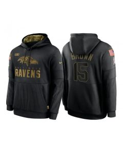 Men's Baltimore Ravens #15 Marquise Brown 2020 Black Salute to Service Sideline Performance Pullover Hoodie