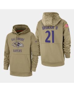 Men's Baltimore Ravens #21 Mark Ingram II 2019 Tan Salute To Service Sideline Therma Performance Pullover Hoodie
