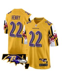 Men's Baltimore Ravens #22 Derrick Henry Gold 2025 Maryland Flag Vapor Limited Football Game Jersey