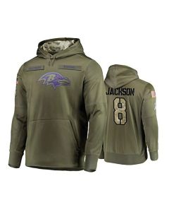Men's Baltimore Ravens #8 Lamar Jackson 2019 Olive Salute To Service Sideline Therma Performance Pullover Hoodie