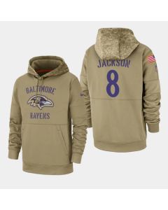 Men's Baltimore Ravens #8 Lamar Jackson 2019 Tan Salute To Service Sideline Therma Performance Pullover Hoodie