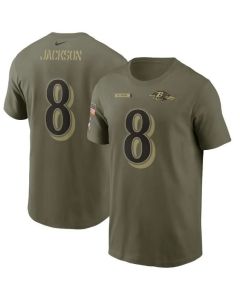Men's Baltimore Ravens #8 Lamar Jackson 2021 Olive Salute To Service Legend Performance T-Shirt