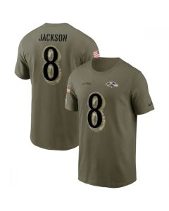 Men's Baltimore Ravens #8 Lamar Jackson 2022 Olive Salute to Service T-Shirt