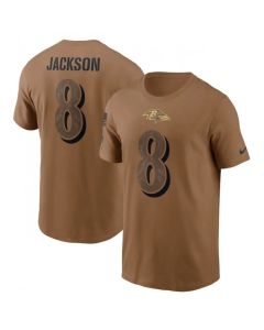 Men's Baltimore Ravens #8 Lamar Jackson 2023 Brown Salute To Service Name & Number T-Shirt