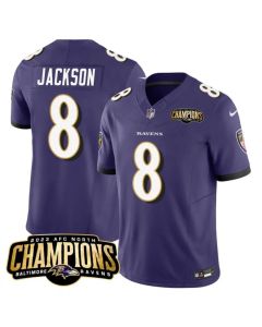Men's Baltimore Ravens #8 Lamar Jackson Purple 2023 F.U.S.E. AFC North Champions Vapor Limited Football Jersey