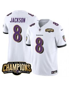 Men's Baltimore Ravens #8 Lamar Jackson White 2023 F.U.S.E. AFC North Champions Vapor Limited Football Jersey