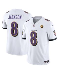 Men's Baltimore Ravens #8 Lamar Jackson White 2023 F.U.S.E. With John Madden Patch Vapor Limited Football Jersey