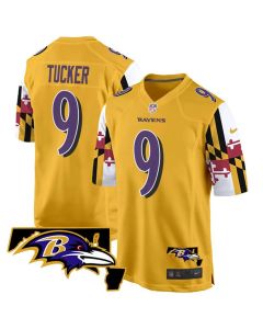 Men's Baltimore Ravens #9 Justin Tucker Gold 2025 Maryland Flag Vapor Limited Football Game Jersey