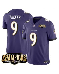 Men's Baltimore Ravens #9 Justin Tucker Purple 2023 F.U.S.E. AFC North Champions Vapor Limited Football Jersey