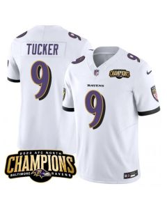 Men's Baltimore Ravens #9 Justin Tucker White 2023 F.U.S.E. AFC North Champions Vapor Limited Football Jersey
