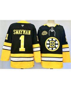 Men's Boston Bruins #1 Jeremy Swayman Black 100th Anniversary Stitched Hockey Jersey