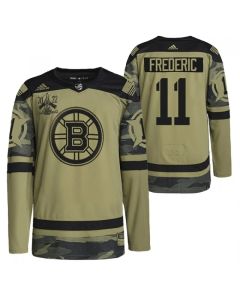 Men's Boston Bruins #11 Trent Frederic 2022 Camo Military Appreciation Night Stitched Jersey