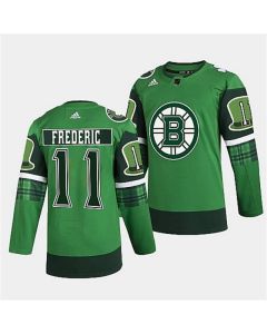 Men's Boston Bruins #11 Trent Frederic 2022 Green St Patricks Day Warm-Up Stitched Jersey