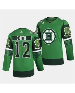 Men's Boston Bruins #12 Craig Smith 2022 Green St Patricks Day Warm-Up Stitched Jersey
