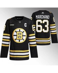Men's Boston Bruins #63 Brad Marchand Black With Rapid7 Patch 100th Anniversary Stitched Jersey