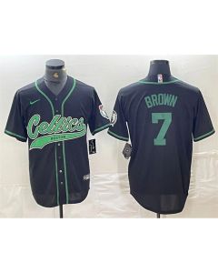 Men's Boston Celtics #7 Jaylen Brown Black With Patch Stitched Baseball Jersey (Black Brown)