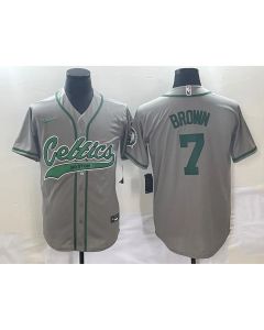 Men's Boston Celtics #7 Jaylen Brown Gray Stitched Baseball Jersey (Brown Gray)