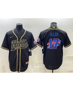 Men's Buffalo Bills #17 Josh Allen Black Gold Team Big Logo With Patch Cool Base Stitched Baseball Jersey