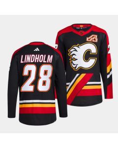 Men's Calgary Flames #28 Elias Lindholm Black 2022-23 Reverse Retro Stitched Jersey