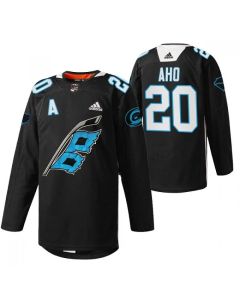 Men's Carolina Hurricanes #20 Sebastian Aho 2022 Black Warm-up Stitched Jersey
