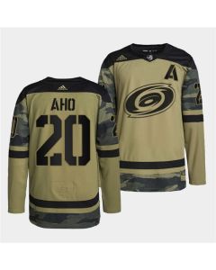 Men's Carolina Hurricanes #20 Sebastian Aho 2022 Camo Military Appreciation Night Stitched Jersey