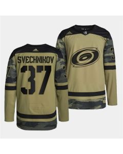 Men's Carolina Hurricanes #37 Andrei Svechnikov 2022 Camo Military Appreciation Night Stitched Jersey