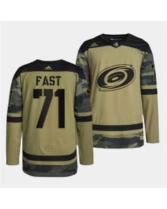 Men's Carolina Hurricanes #71 Jesper Fast 2022 Camo Military Appreciation Night Stitched Jersey