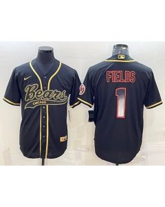 Men's Chicago Bears #1 Justin Fields Black Gold With Patch Cool Base Stitched Baseball Jersey (Black Gold)