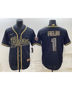 Men's Chicago Bears #1 Justin Fields Black Gold With Patch Cool Base Stitched Baseball Jersey