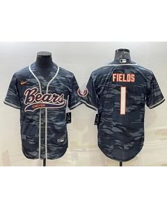 Men's Chicago Bears #1 Justin Fields Grey Camo With Patch Cool Base Stitched Baseball Jersey 001