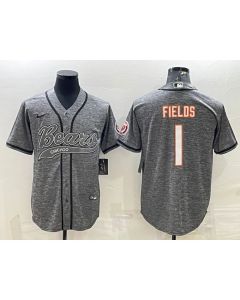 Men's Chicago Bears #1 Justin Fields Grey With Patch Cool Base Stitched Baseball Jersey
