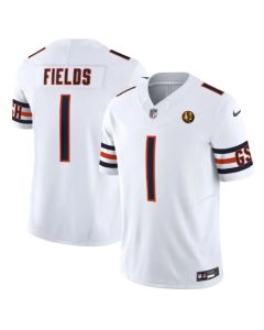 Men's Chicago Bears #1 Justin Fields White 2023 F.U.S.E. With John Madden Patch Vapor Limited Stitched Football Jersey