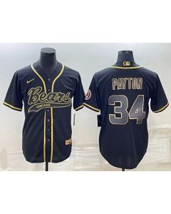 Men's Chicago Bears #34 Walter Payton Black Gold With Patch Cool Base Stitched Baseball Jersey