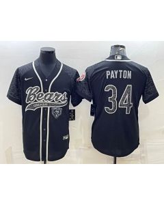 Men's Chicago Bears #34 Walter Payton Black Reflective With Patch Cool Base Stitched Baseball Jersey