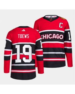 Men's Chicago Blackhawks #19 Jonathan Toews Red Black 2022-23 Reverse Retro Stitched Jersey