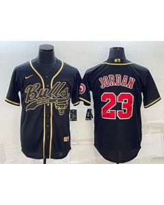 Men's Chicago Bulls #23 Michael Jordan Black Gold With Patch Cool Base Stitched Baseball Jersey